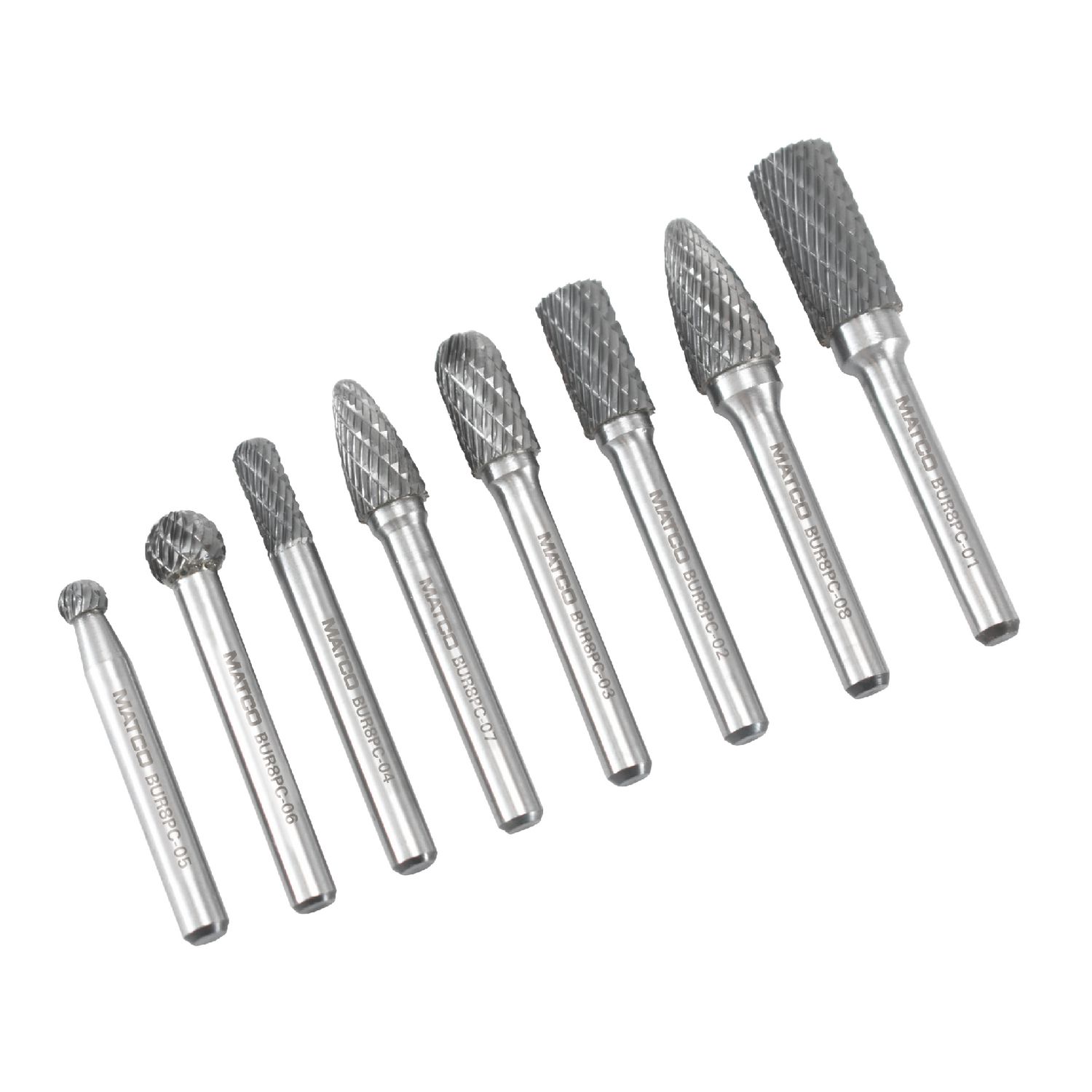 STANDARD LENGTH CARBIDE BURR SET, 1/4 STANK, DOUBLE CUT, 8 PIECE BUR8PC | eBaydiy Tools